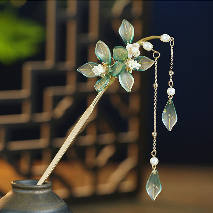 Flower Leaf Pearl Peace Tassel Hairpin