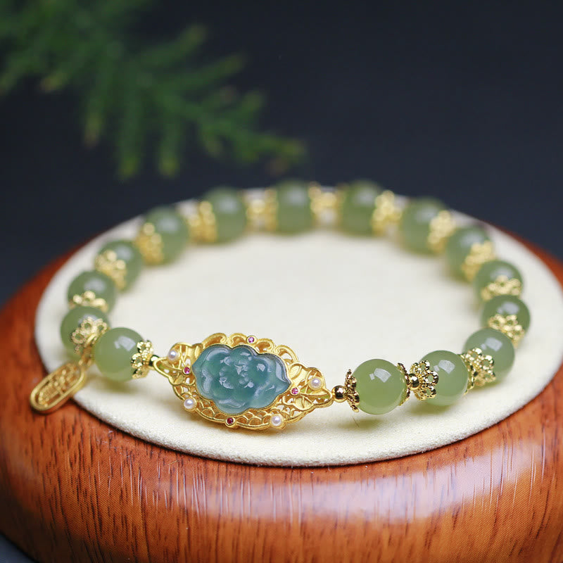 14K Gold Plated 925 Sterling Silver Hetian Jade Lotus Luck Bracelet