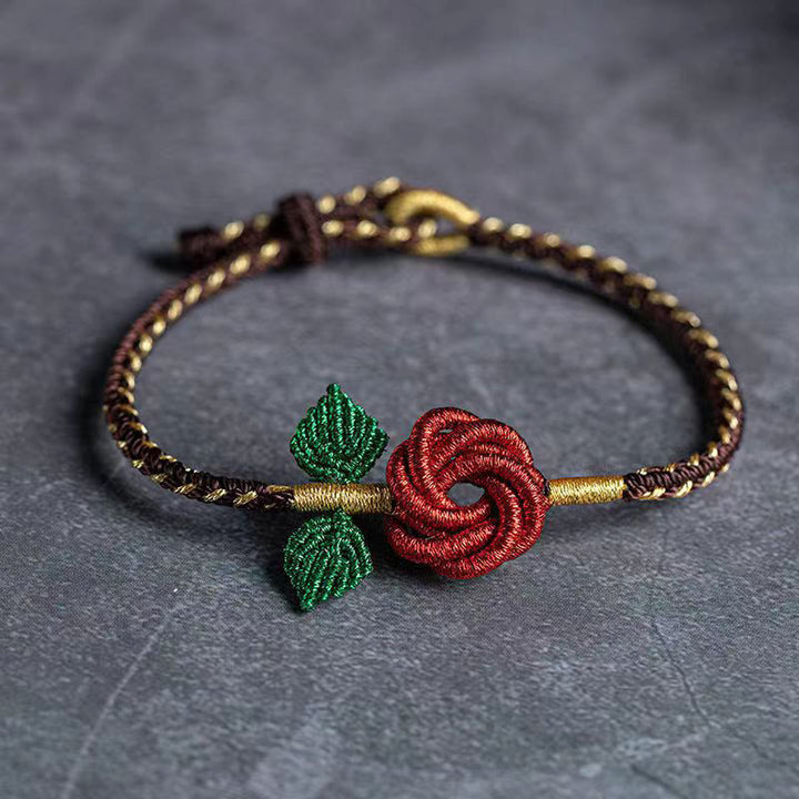 Buddha Stones Rose Flower Rope Eight Thread Peace Knot Luck Handmade Bracelet