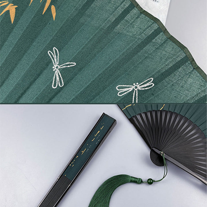 Buddha Stones Bamboo Koi Fish Crane Handheld Cotton Linen Folding Fan