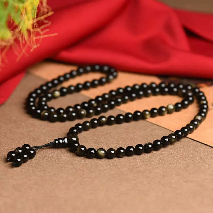 Buddha Stones 108 Mala Beads Natural Gold Sheen Obsidian Wealth Bracelet