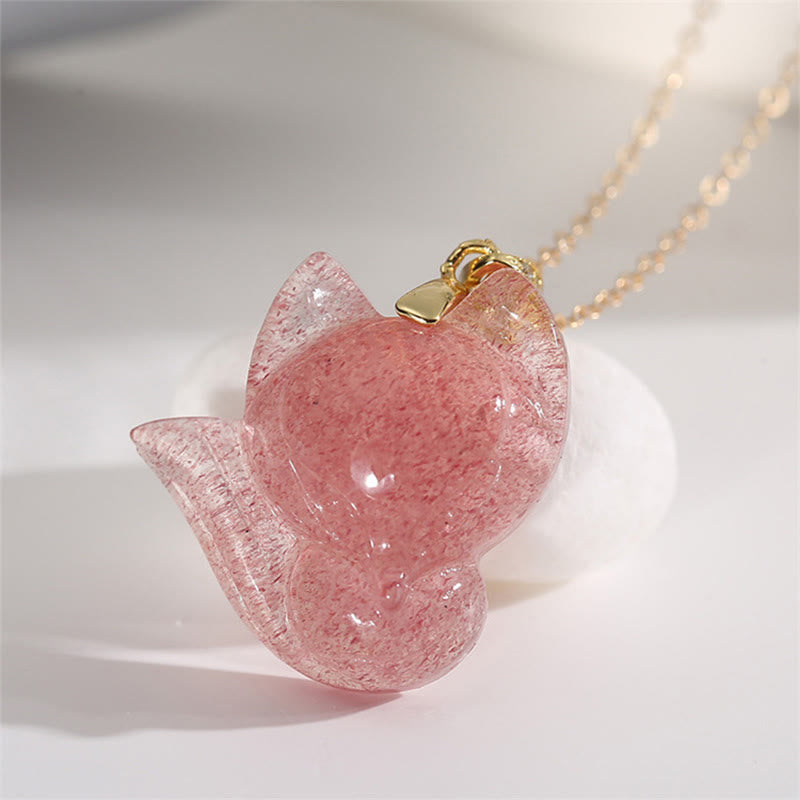 Buddha Stones 14k Gold Plated 925 Sterling Silver Strawberry Quartz Fox Healing Necklace Pendant