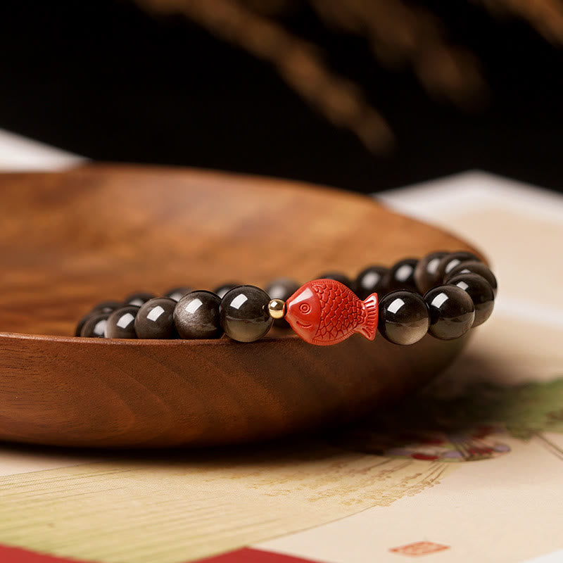 Buddha Stones Natural Silver Sheen Obsidian Cinnabar Koi Fish Soothing Protection Bracelet