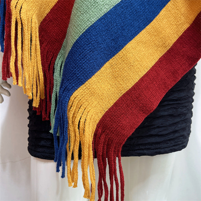 Buddha Stones Tibetan Colorful Striped Design Shawl Tassels Pullover Winter Cozy Travel Scarf Wrap