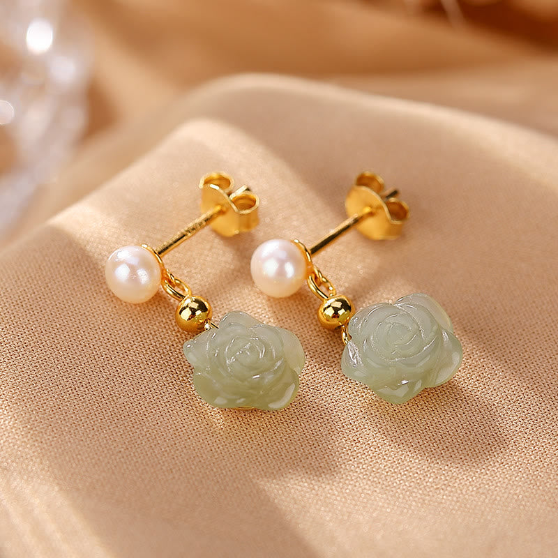 Buddha Stones 925 Sterling Silver Plated Gold Jade Rose Flower Cyan Jade Pearl Luck Earrings