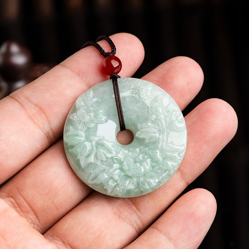 Round Jade Peace Buckle Peony Flower Abundance Necklace Pendant