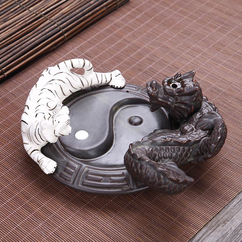 Tiger Dragon Backflow Smoke Fountain Ceramic Yin Yang Blessing Incense Burner Decoration