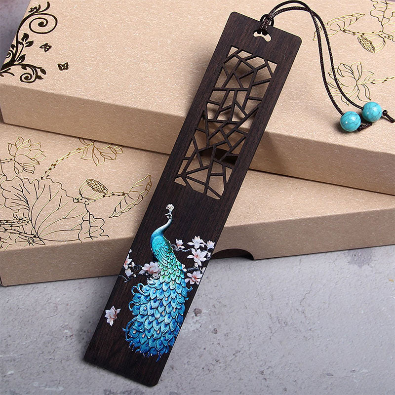 Buddha Stones Blue Peacock Ebony Wood Bookmarks With Gift Box