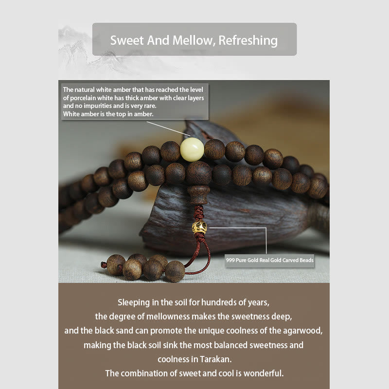 Buddha Stones 999 Gold Tarakan 108 Mala Beads Agarwood Amber Ward Off Evil Spirits Bracelet