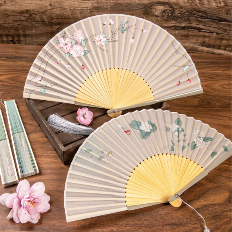 Buddha Stones Jasmine Lotus Begonia Flowers Handheld Bamboo Folding Fan