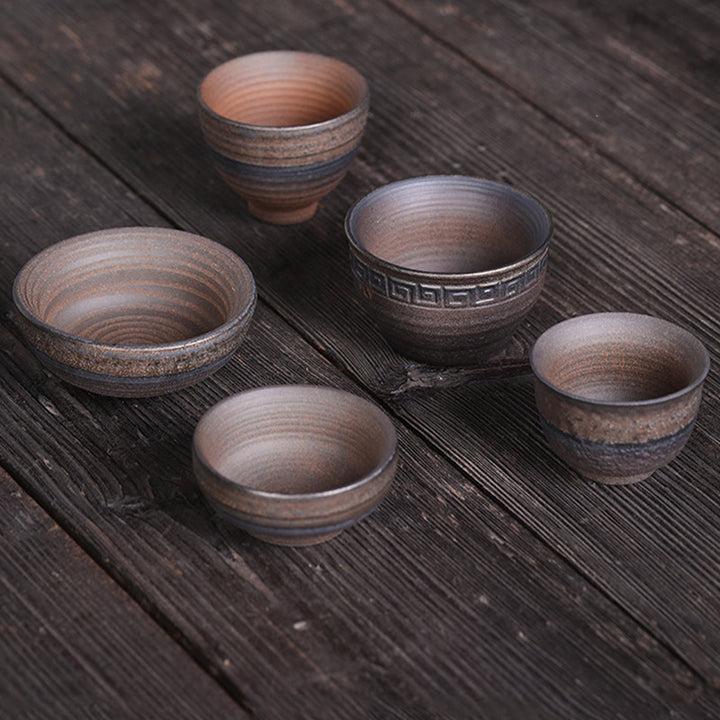 Buddha Stones Simple Brown Striped Texture Ceramic Teacup Kung Fu Tea Cup Bowl