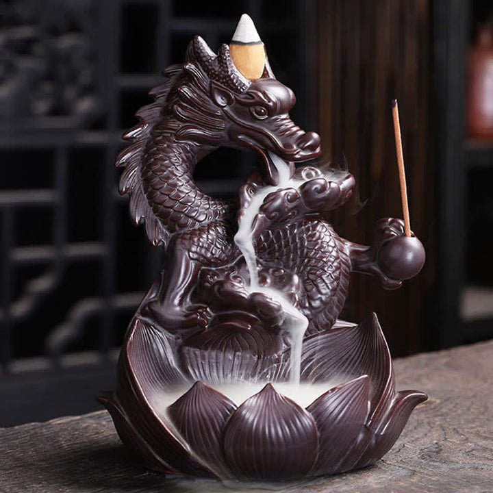 Dragon Lotus Pattern Strength Protection Ceramic Incense Burner Decoration