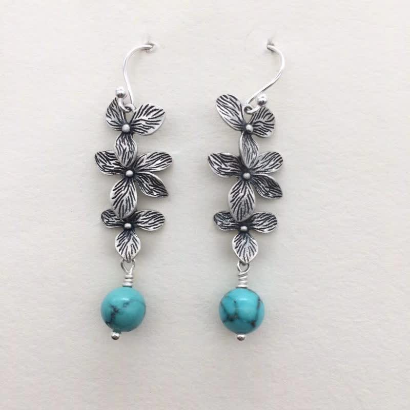 925 Sterling Silver Turquoise Lazurite Flower Leaf Serenity Protection Hook Drop Dangle Earrings