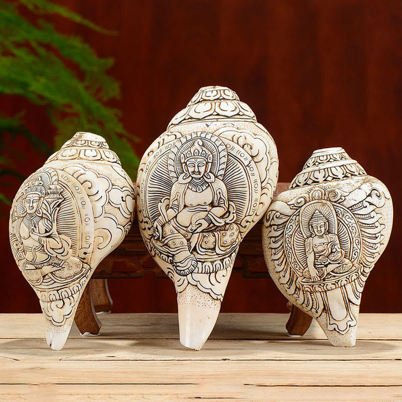 Tibetan Handmade Engraved Shankha Buddha Avalokitesvara Conch Shell Wealth Decoration