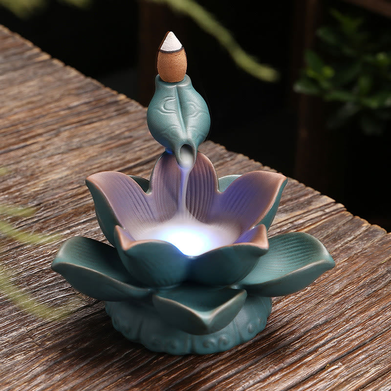 Buddha Stones Lotus Flower Leaf Frog Butterfly Pattern Healing Ceramic Incense Burner Decoration