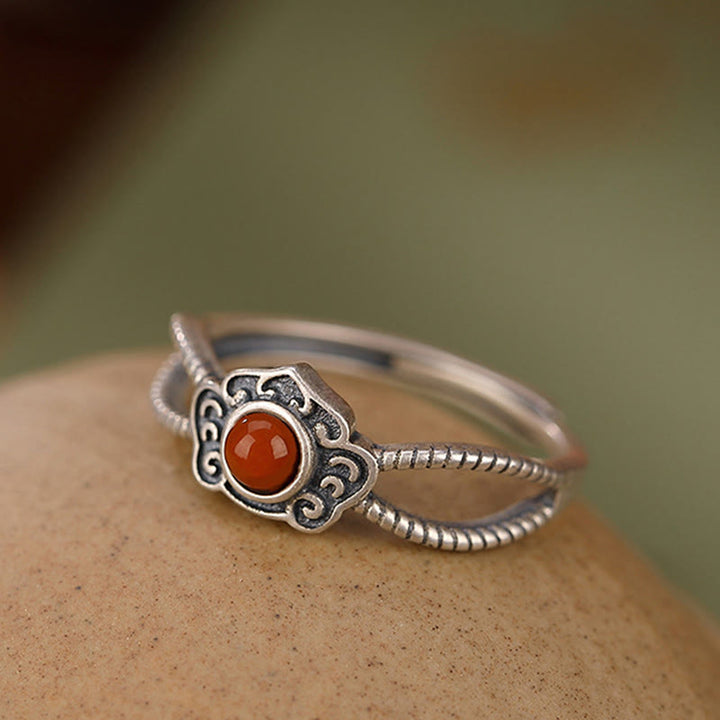 Buddha Stones 925 Sterling Silver Red Agate Bead Logical Thinking Ring