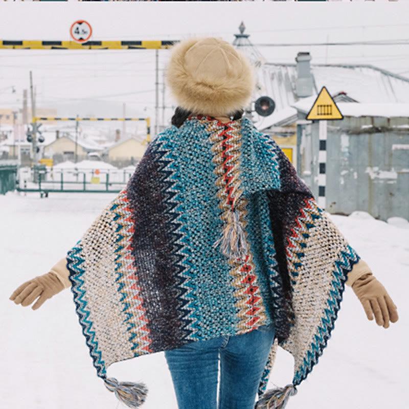 Buddha Stones Tibetan Shawl Blue Beige Red Wavy Pattern Winter Warm Tassel Scarf