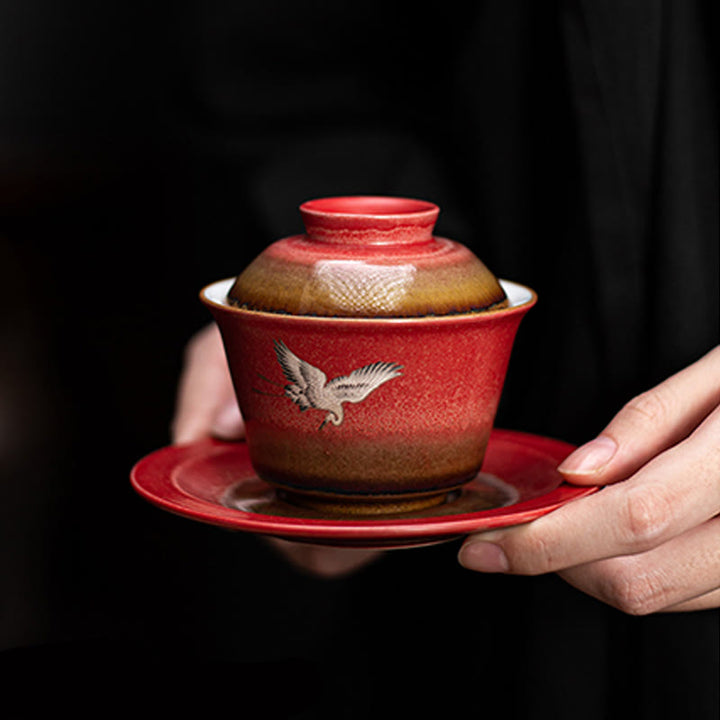 Buddha Stones Red Auspicious Crane Ceramic Gaiwan Sancai Teacup Kung Fu Tea Cup And Saucer With Lid