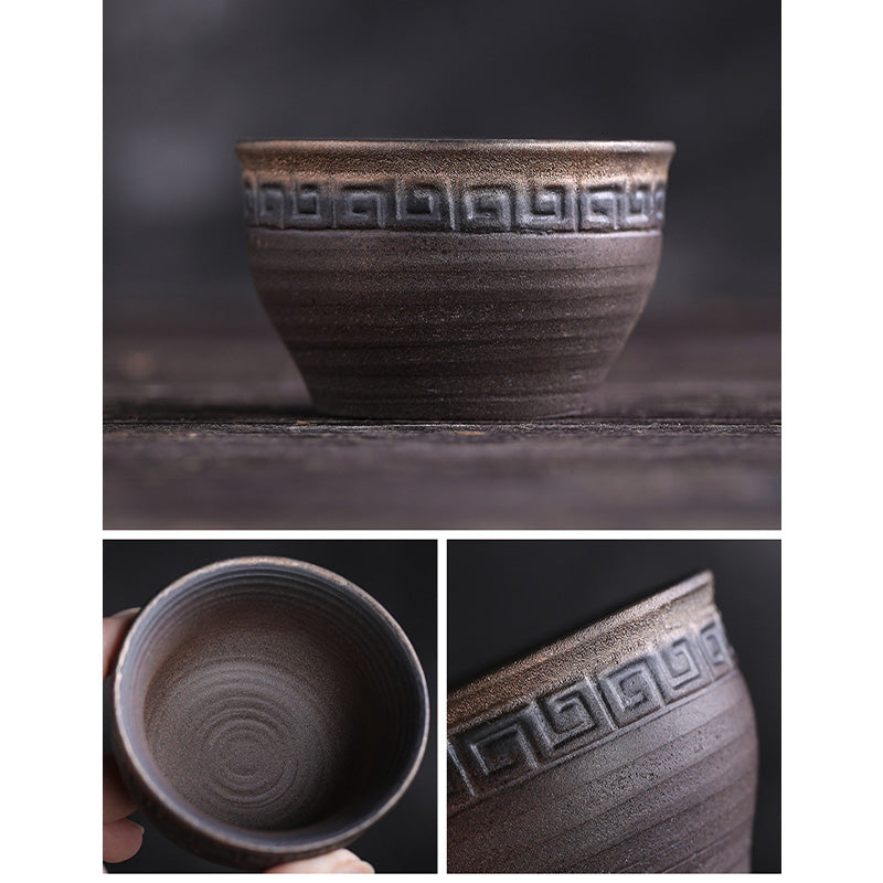 Buddha Stones Simple Brown Striped Texture Ceramic Teacup Kung Fu Tea Cup Bowl