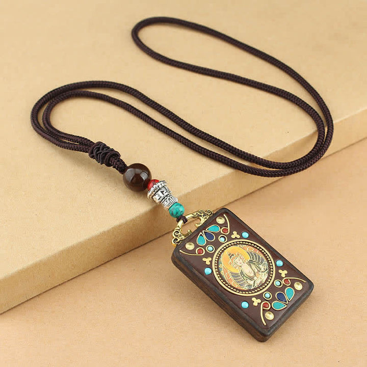 Buddha Stones Tibet God of Wealth Thangka Ebony Peace Necklace Pendant