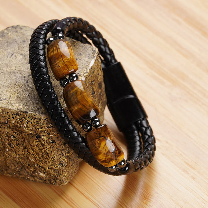 Buddha Stones Natural Tiger Eye Protection Willpower Magnetic Buckle Leather Bracelet