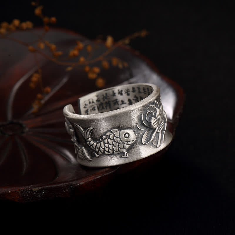 999 Sterling Silver Luck Koi Fish Lotus Heart Sutra Wealth Ring