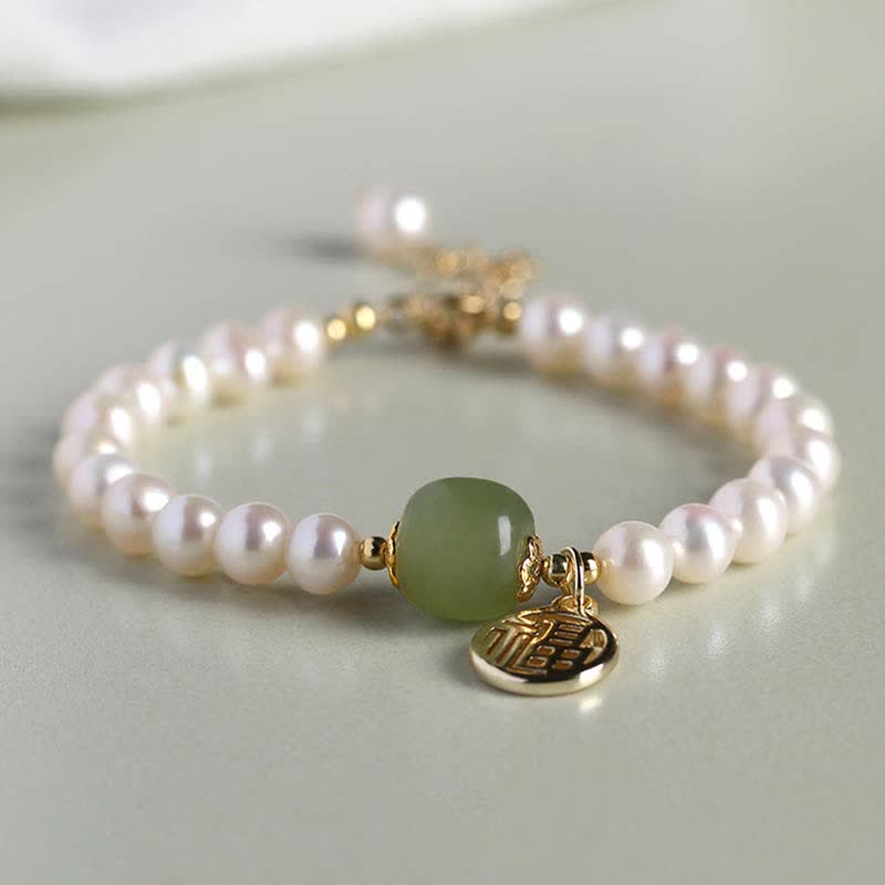 Buddha Stones Natural Pearl Hetian Jade Happiness Healing Bead Bracelet