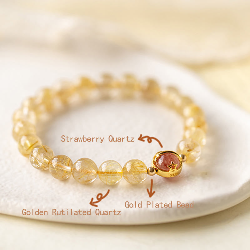 Buddha Stones Golden Rutilated Quartz Strawberry Quartz Star Protection Bracelet