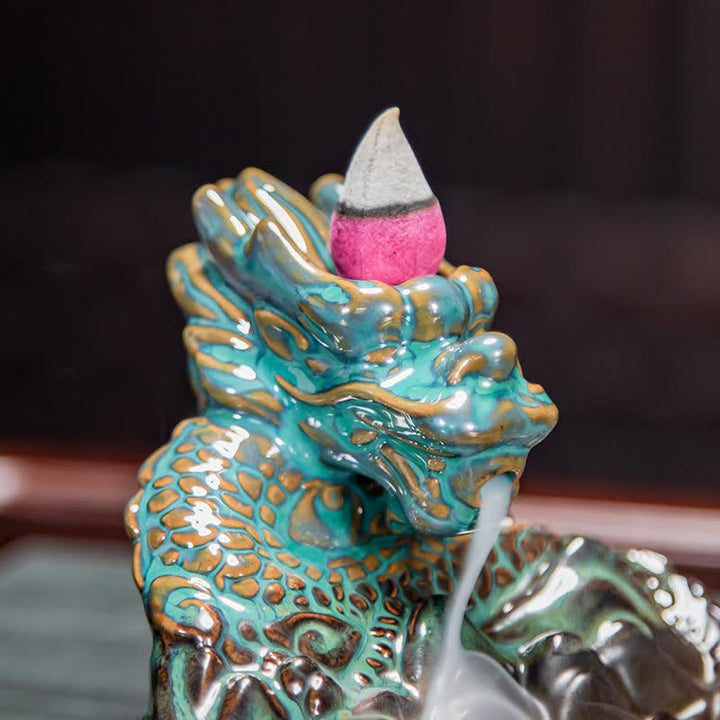 Dragon Pattern Ceramic Backflow Smoke Fountain Incense Burner Decoration