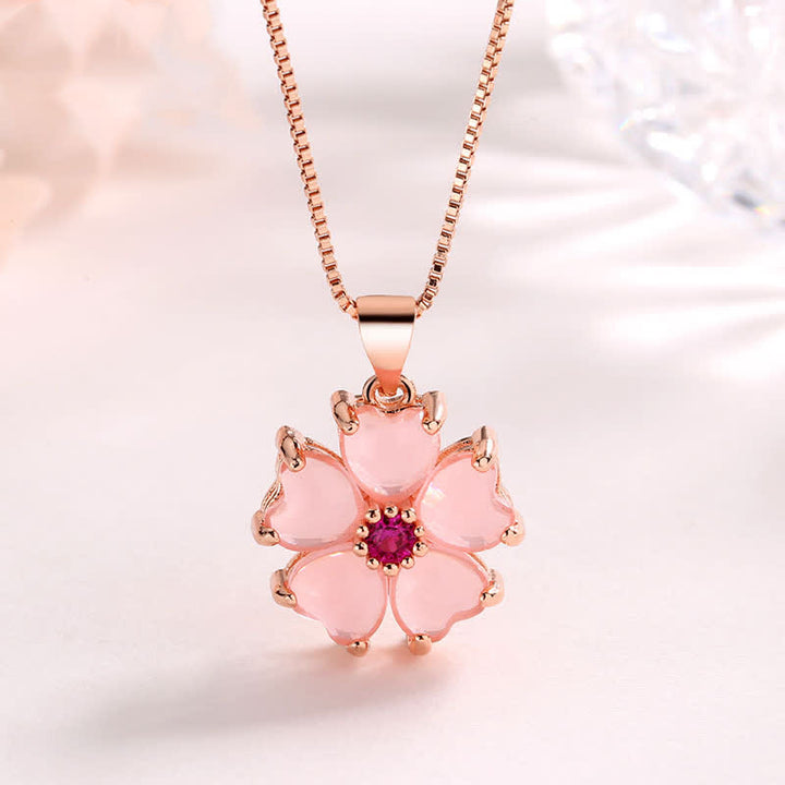 Buddha Stones Pink Crystal Love Heart Flower Soothing Necklace Pendant