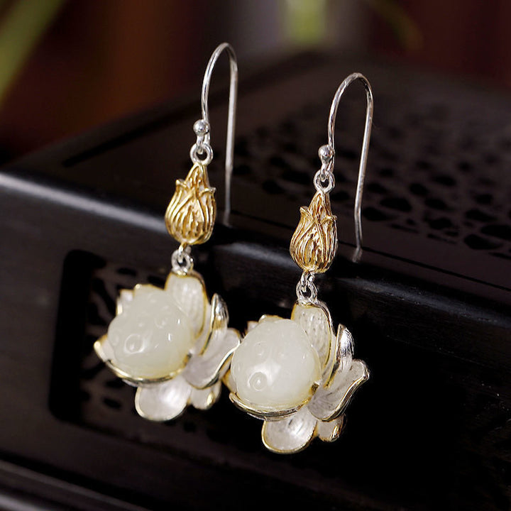 Buddha Stones White Jade Protection Harmony Drop Earrings