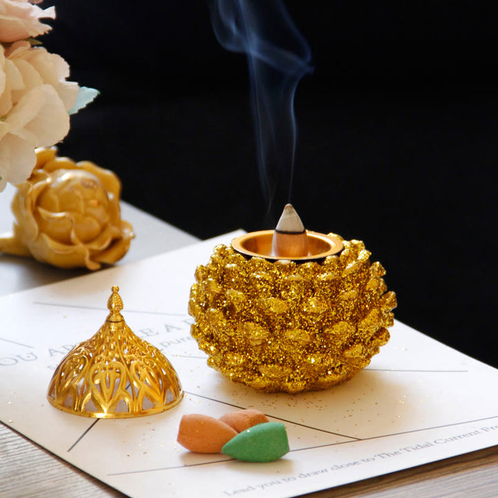 Gold Pine Cone Pattern Spiritual Rituals Mini Incense Burner Home Tabletop Decor