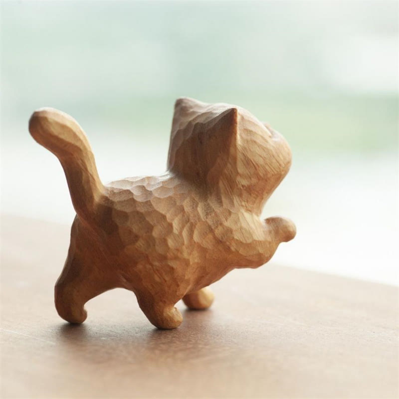 Buddha Stones Mini Thuja Sutchuenensis Boxwood Cute Cat Kitten Carved Prosperity Decoration