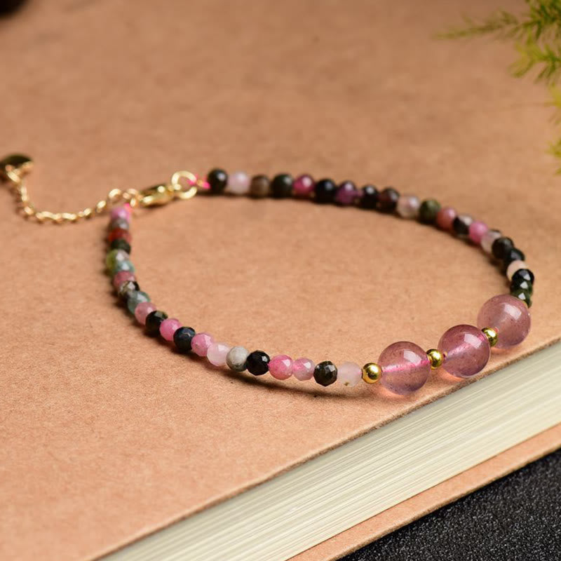 Buddha Stones Natural Colorful Tourmaline Strawberry Quartz Bead Positive Love Bracelet