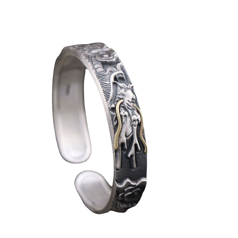 Buddha Stones 999 Sterling Silver Dragon Strength Protection Bracelet Bangle