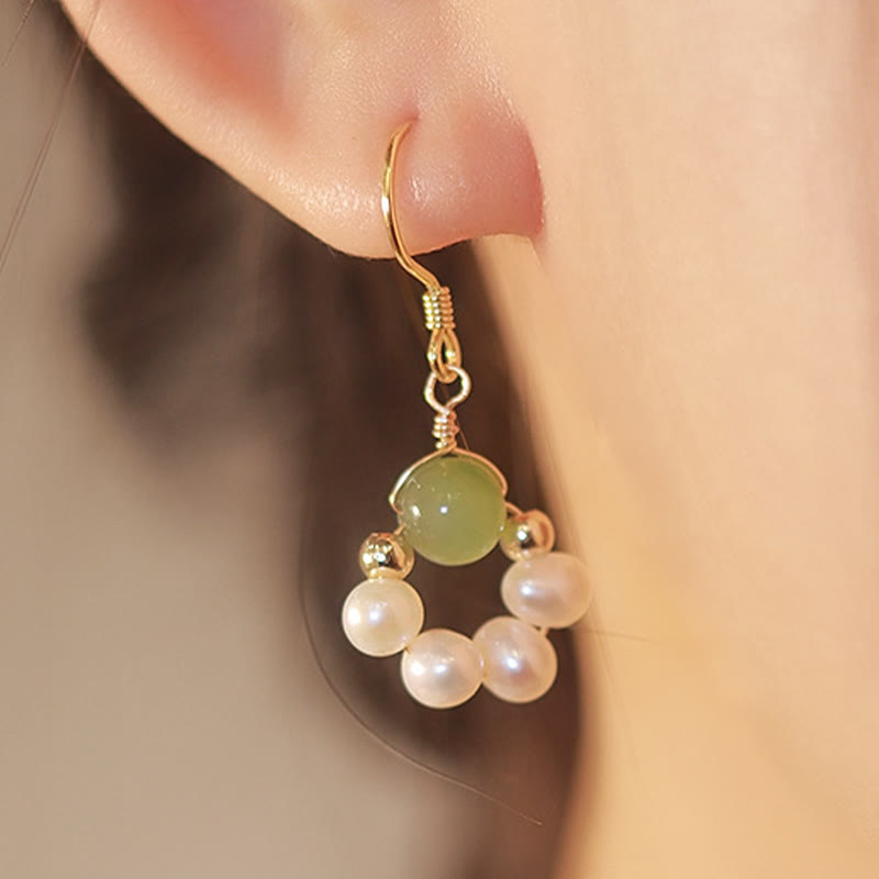 Buddha Stones Cyan Jade Pearl Bead Luck Drop Earrings