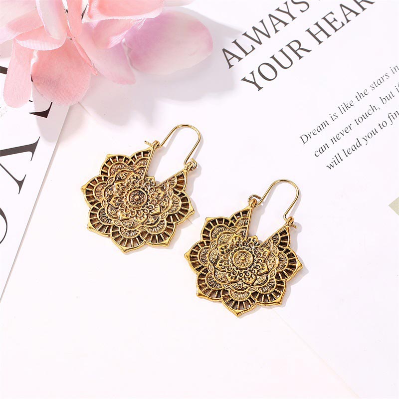 Buddha Stones Tibetan Lotus Engraving Copper Blessing Drop Earrings