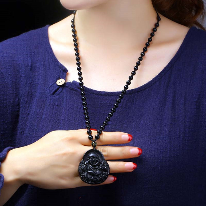 Buddha Stones Laughing Buddha Black Obsidian Strength Protection Pendant Necklace