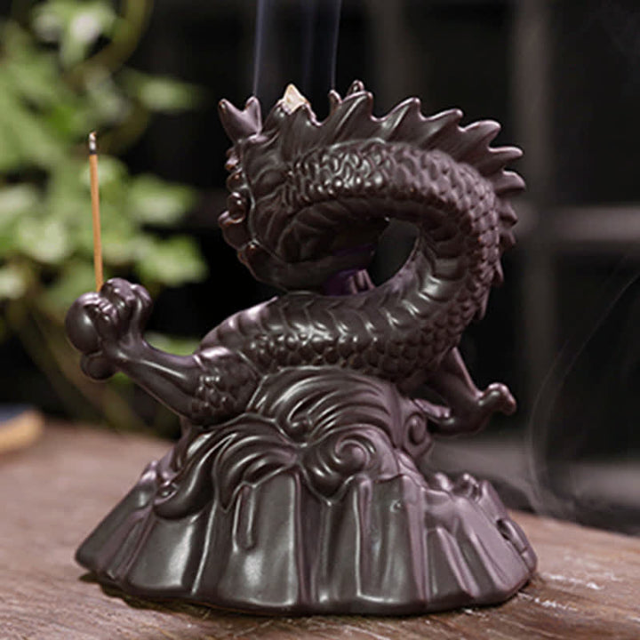 Auspicious Dragon Ceramic Backflow Smoke Fountain Meditation Healing Incense Burner Led Ball Decoration