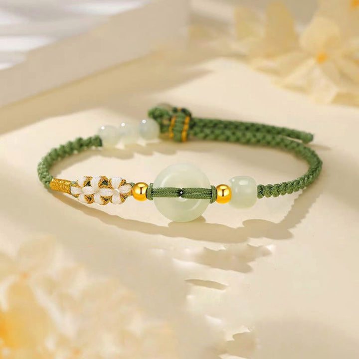 Buddha Stones Hetian Jade Peace Buckle Luck Peach Blossom Braided Bracelet