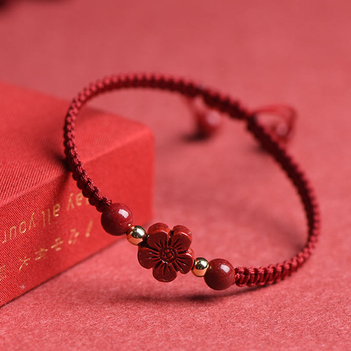 Buddha Stones Four Leaf Clover Five-petal Flower Cinnabar Blessing Red String Bracelet