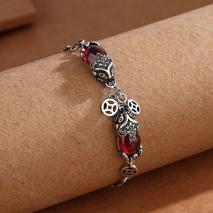 Buddha Stones Garnet Double PiXiu Copper Coin Protection Chain Bracelet