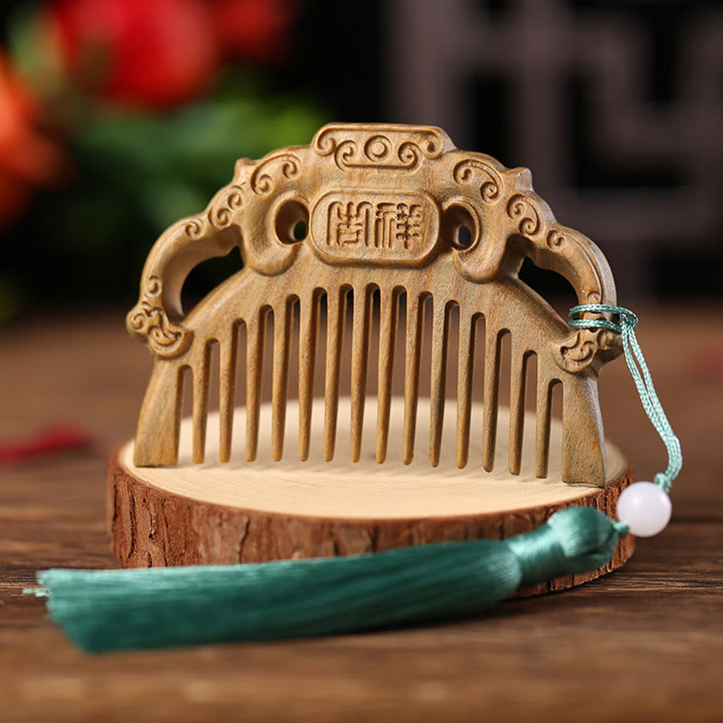 Green Sandalwood Fox Peony Flower Lotus Engraved Cure Tassel Comb