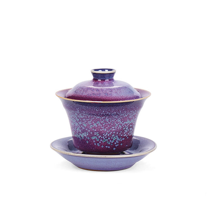 Buddha Stones Retro Glaze Kiln Change Ceramic Gaiwan Sancai Teacup Kung Fu Tea Cup And Saucer With Lid