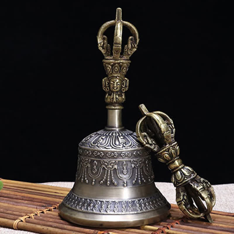 Tibetan Meditation Bell and Vajra Dorje Copper Enlightenment Decoration Set