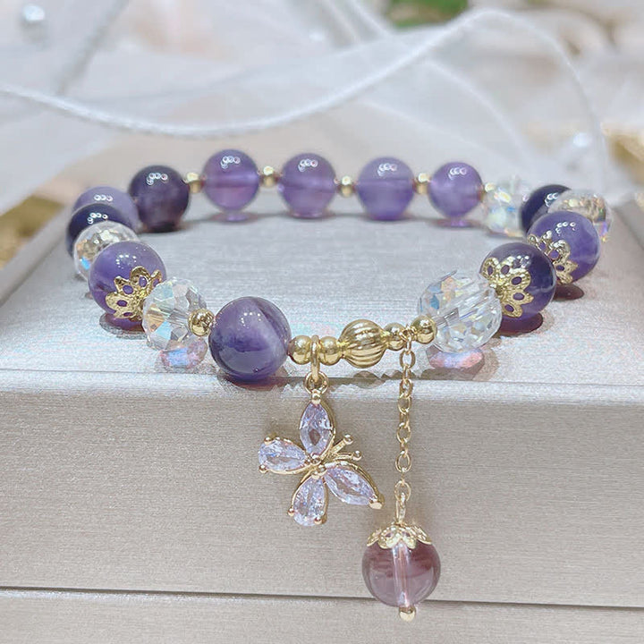 Buddha Stones Natural Amethyst Crystal Spiritual Butterfly Charm Bracelet