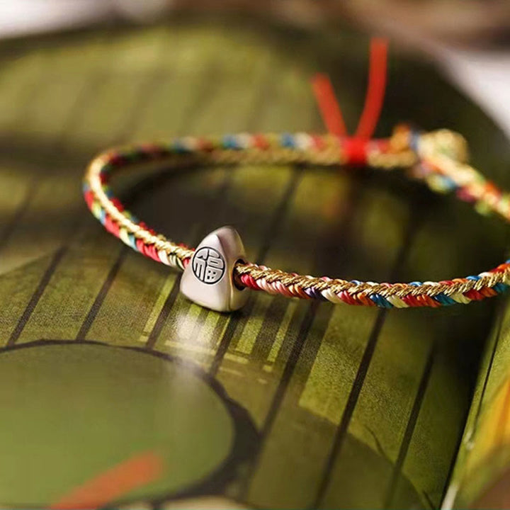 Buddha Stones 925 Sterling Silver Fu Character Zongzi Pattern Multicolored String Luck Handmade Braided Bracelet