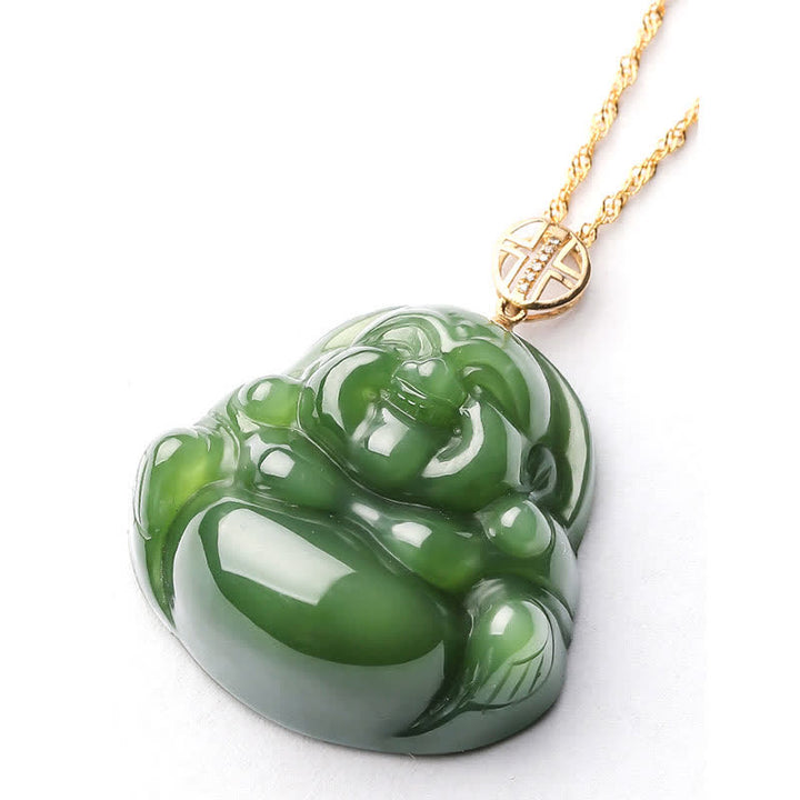 925 Sterling Silver Laughing Buddha Hetian Cyan Jade 18K Gold Success Necklace Chain Pendant