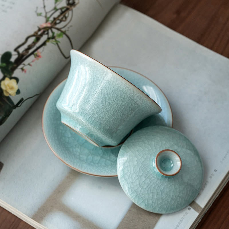 Buddha Stones Retro Green Ice Glaze Ceramic Gaiwan Sancai Teacup Kung Fu Tea Cup And Saucer With Lid