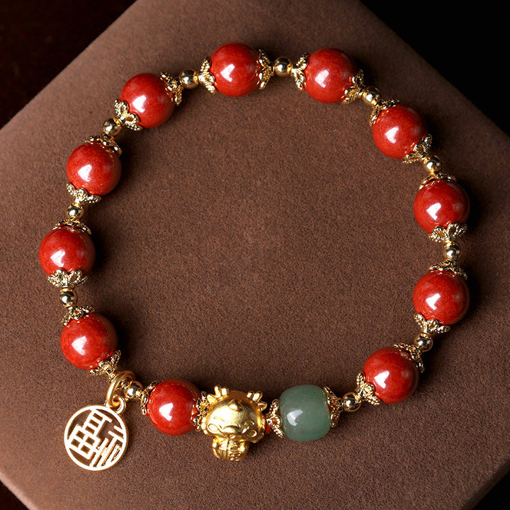 Buddha Stones Year of the Dragon Natural Cinnabar Fu Character Charm Blessing Bracelet